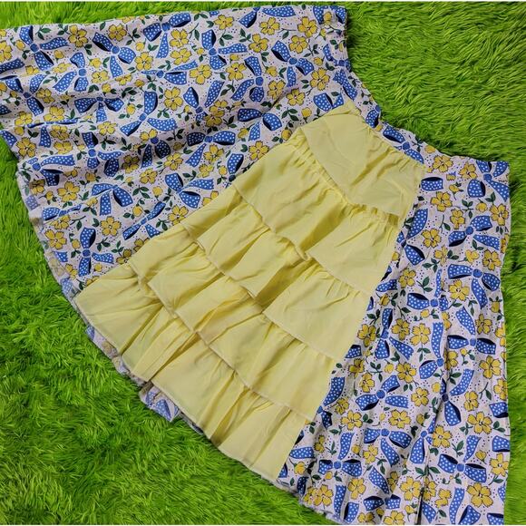 Vintage Handmade Yellow and Blue Floral Circle Skirt Ruffles, Fits L-XL - Picture 4 of 4